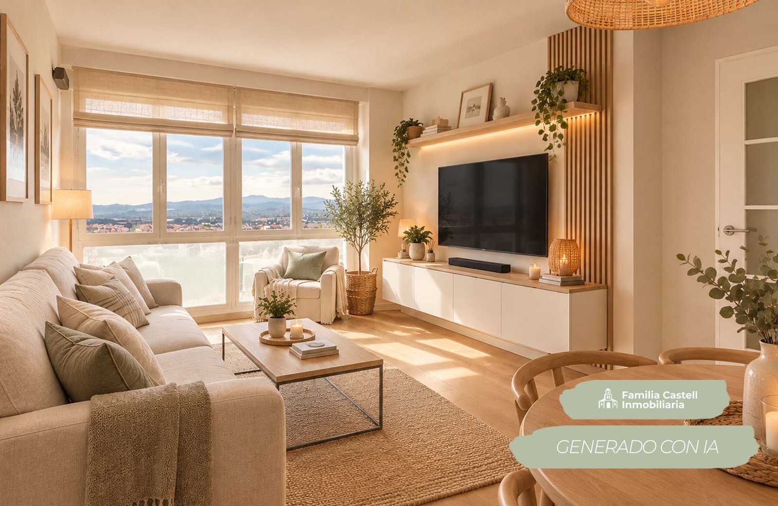 Render salón con vistas piso Sant Cugat del Valles